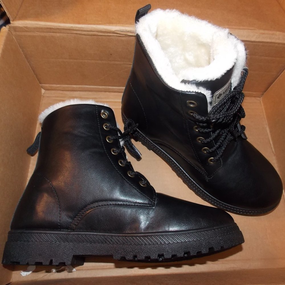 New Merence Black Faux Leather Faux Fur Lace up Winter Snow Ankle Boots 41 9.5